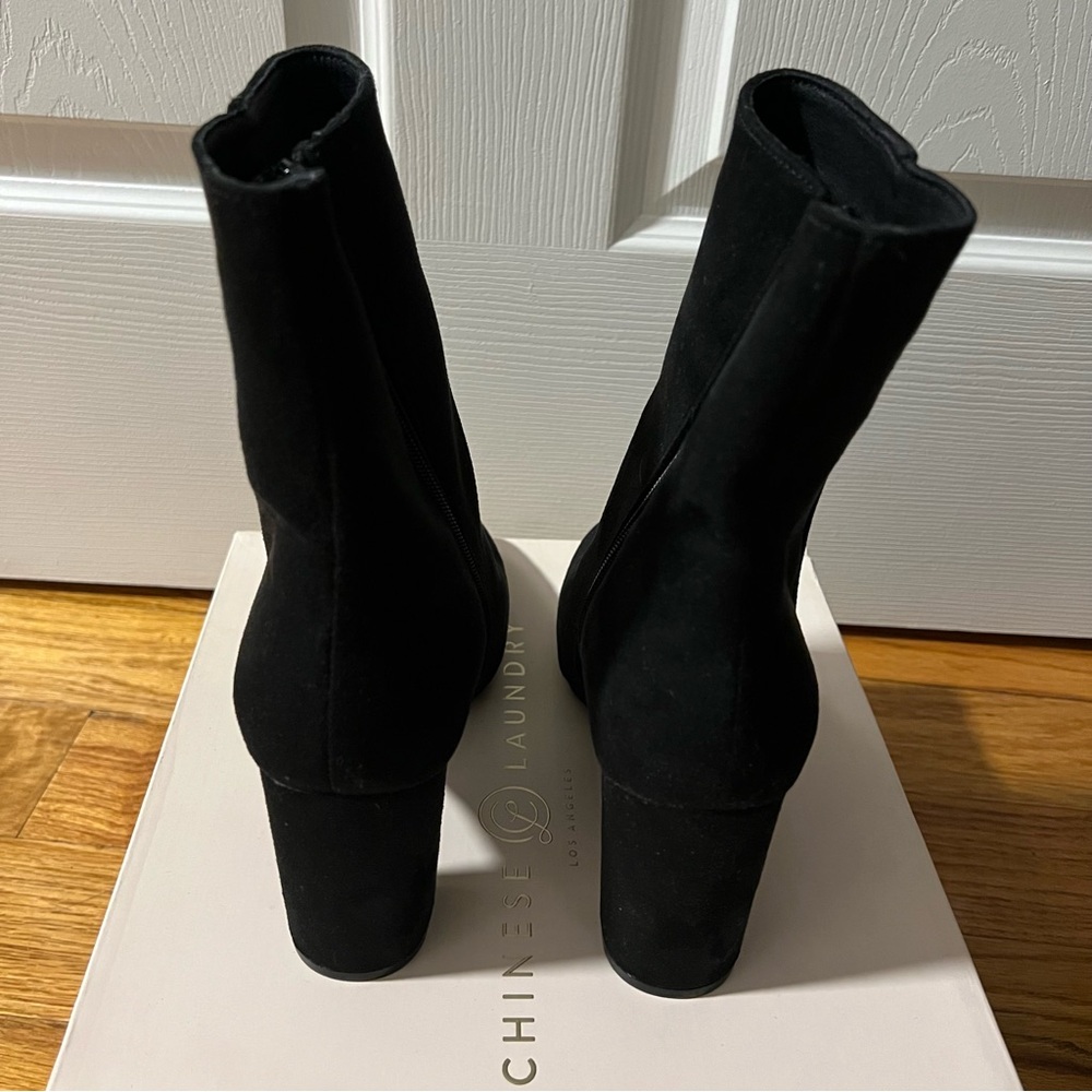 Chinese Laundry Black Suede Block Heel Ankle Boots